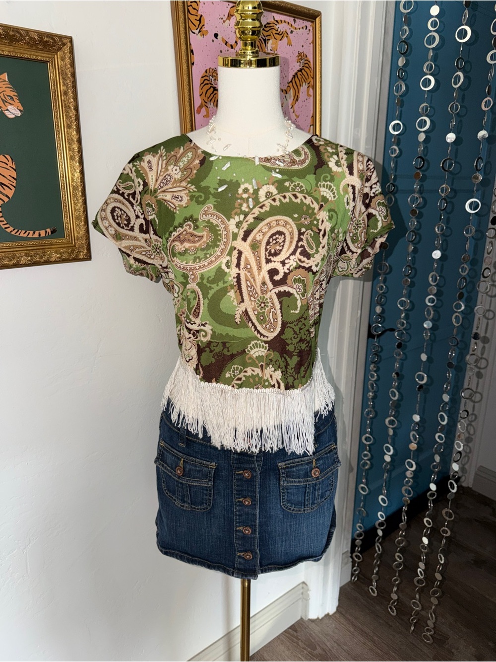 Vintage Y2K Green Paisley Fringe Top